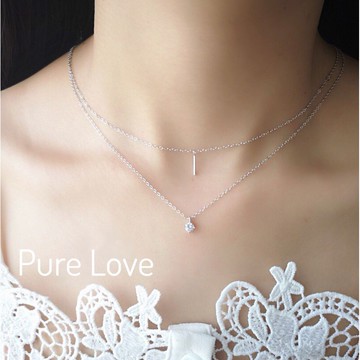 Pure Love樂芙/ 正韓 銀飾【S925純銀】N0248簡約通體純銀項鍊一字鋯石雙層鎖骨鏈 短項鏈 /銀 玫瑰金