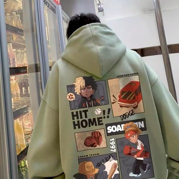 男生青少年加絨衛衣 美式高街復古厚款連帽外套 秋冬季背後圖案卡通印花上衣 潮男ins慵懶連帽衛衣