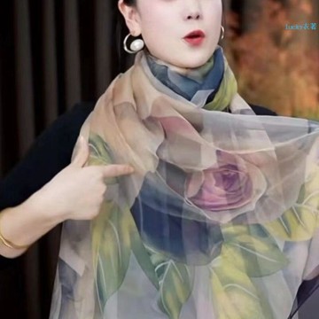 秋冬新品 限時低價圍巾優柔長款薄款四季神祕玫瑰防曬百搭沙灘絲巾紗巾時尚披肩新款