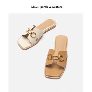 小c2025新款k真皮拖鞋女夏外穿軟底一字拖復古馬銜扣時尚涼拖鞋女