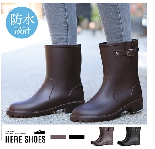 [Here Shoes]晴雨兩穿靴舒適柔韌修長美腿顯瘦環保PVC中筒低跟雨靴雨鞋─KSNP307