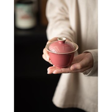 淺豆紅仿古陶瓷蓋碗 雙線手繪豇豆紅防燙家用茶具泡茶碗茶杯新品