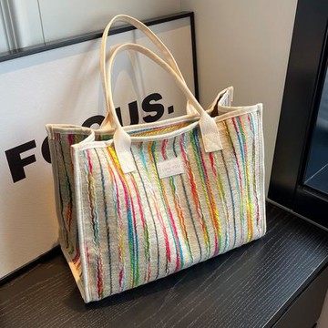 帆布包女大容量手提袋包包2025新款彩虹條紋單肩媽咪包通勤托特包