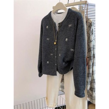 灰色蝴蝶結羊毛針織開衫女裝秋冬季正肩毛衣外套針織衫新款上衣