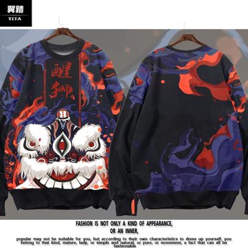 中國風醒獅國潮元素全幅圓領衛衣男女新年過年上衣服加絨套頭長袖