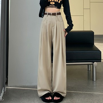褲子女 高級灰 西裝褲 秋季無鬆緊 高腰窄版 闊腿褲 直筒垂感 休閒褲 拖地褲 長褲女