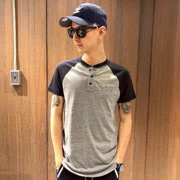 美國百分百【Hollister Co.】T恤 HCO 短袖 T-shirt 海鷗 棒球 亨利領 logo 灰黑 S號 H921