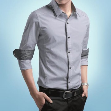 男士襯衫長袖商務休閑潮流按扣鐵扣韓版修身灰色討衫純棉村子襯衣