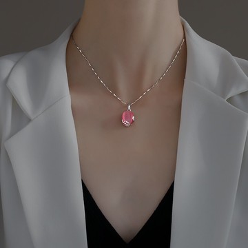 925純銀粉色吊墜項鏈女年新款夏小眾設計感鎖骨鏈ins性冷淡風