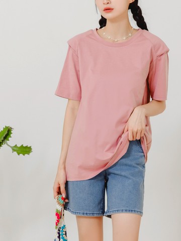 純棉墊肩拼接造型T恤上衣