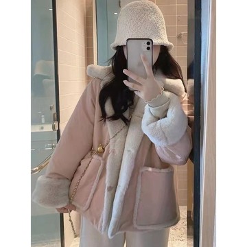 外套 外衣 棉衣 保暖外衣 粉色兩面穿羊羔毛外套女2023冬季新款小個子短款加絨加厚棉衣棉服