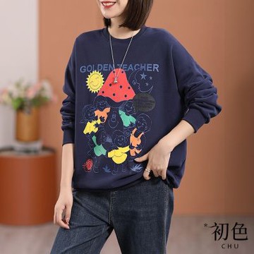 初色 文藝復古卡通印花寬鬆休閒圓領長袖T恤上衣-共2色-31664(M-2XL可選)