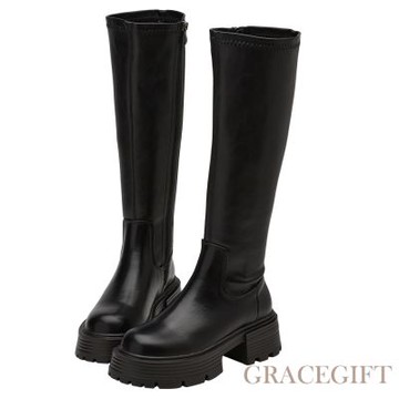 【Grace Gift】帥氣女團輕量厚底瘦瘦長靴 黑
