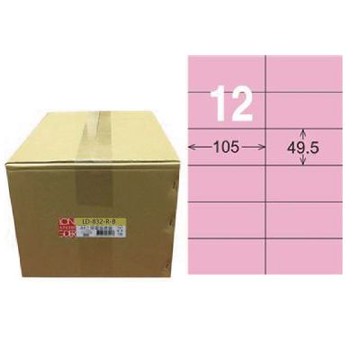 【龍德】LONGDER 三用電腦標籤 A4 12格 49.5*105mm 粉紅 1000張/箱 LD-832-R-B(適用雷射、噴墨、影印)