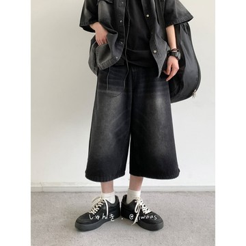 【T-2】🖤【隔日達】 夏季小眾百搭牛仔短褲 美式複古做舊藍牛仔短褲男 寬鬆直筒闊腿七分褲 牛仔七分褲 寬鬆短褲