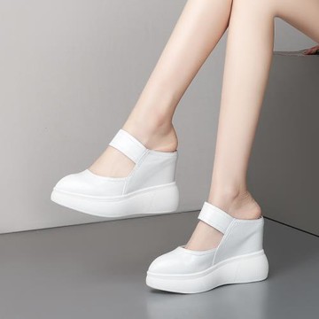 12CM超高跟女士涼拖夏季外穿真皮漆皮增高拖鞋厚底包頭尖頭半拖鞋