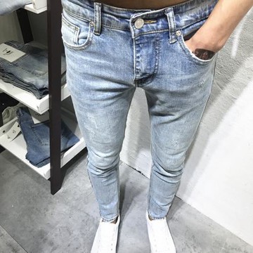 潮男春夏新韓版修身貓須淺藍小腳牛仔褲青年社會小伙網紅快手chic