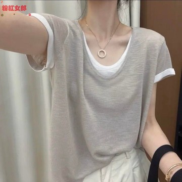 夏季新款薄款假兩件法式減齡針織衫大碼遮肉T恤女 大尺碼女裝 短袖t恤 短袖上衣 氣質上衣 設計感上衣 韓版上衣
