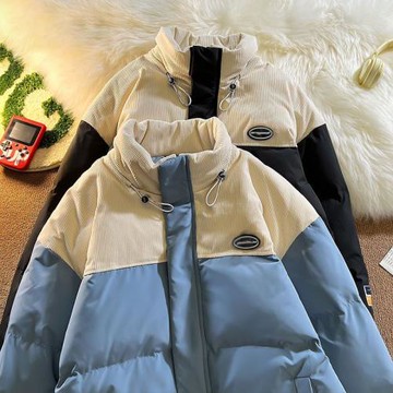 2024新款燈芯絨拼接棉衣外套男秋冬季bf潮牌拼接撞色立領棉衣外套