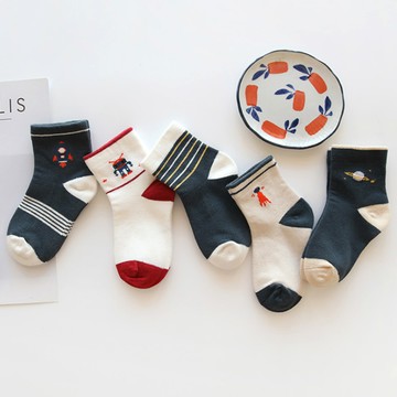 【優貝選】童趣/條紋 百搭舒適學生童襪5入組-深灰太空套組