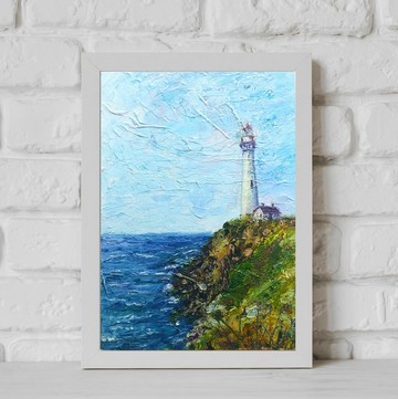 燈塔畫 海景原創藝術品 沙灘畫 藍色海牆藝術