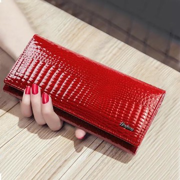 鱷魚紋真皮長款錢包女2024時尚新款大容量折疊小手包亮皮手機錢夾