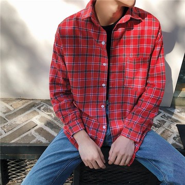 FINDSENSE H12018 春裝 休閑 襯衣 百搭 男 學生 上衣  寬松 長袖 格子 襯衫 男