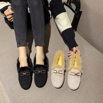 真皮水貂毛毛鞋豆豆鞋女冬2021年新款平底百搭秋季加絨樂福鞋單鞋