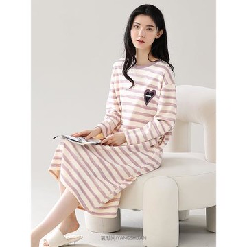 睡裙秋款女款春秋季薄款純棉長袖簡約休閑香芋紫條紋可外穿家居服