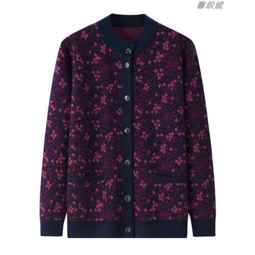 秋冬新款中老年羊絨衫女奶奶圓領針織開衫保暖加厚藏青色毛衣外套