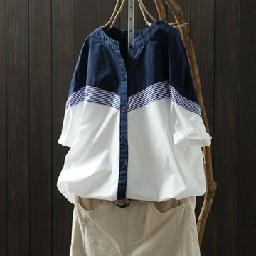 女款棉質拼接條紋立領短袖襯衫【75-12-83345702-26】ibella 艾貝拉