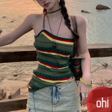【ohi】條紋掛脖吊帶背心 抹胸美背多巴胺上衣 女生顯瘦百搭 吊帶背心 背心小可愛 女裝 背心女 女裝 GVD5815
