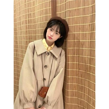 六月苒 韓系卡其色風衣外套女秋翻領寬松燈籠袖中長款小個子大衣