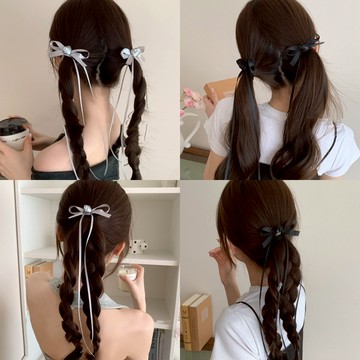 髮夾 緞帶髮夾 芭蕾風 銀色花朵蝴蝶結 飄帶髮夾 女後腦勺 雙馬尾 小夾子髮飾 GC8