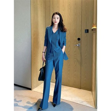 氣質高檔職場女神范簡約干練西裝神秘孔雀藍西裝馬甲直筒褲三件裝