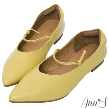 Ann’S氣質文青女孩-細皮繩V口尖頭超軟真皮平底鞋-黃(版型偏小)