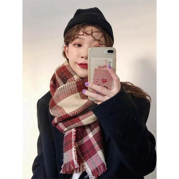 韓版新年禮物紅色格子圍巾女百搭秋冬季雙面加厚學生圍脖潮ins