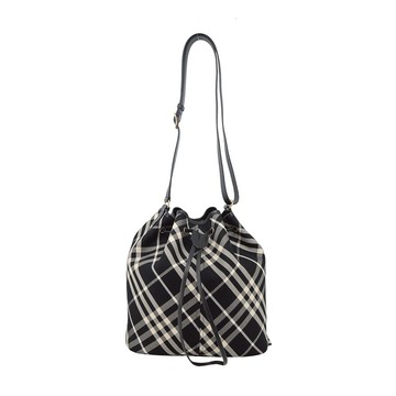 [平輸版]BURBERRY 新款格紋中型水桶包(黑色/白布色)真品平輸