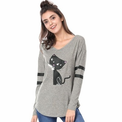 Allegra K 長袖tシャツ 猫柄 トップス チュニック Vネック ドロップショルダー ストライプ 可愛い レディース Xs グレー 通販 Lineポイント最大get Lineショッピング