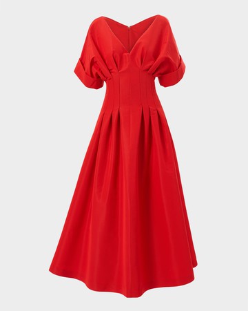 Pleated V-Neck Midi Fit-Flare Dress