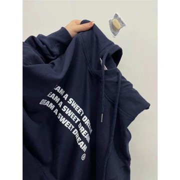 日系復古藏青色連帽衛衣女秋季韓版慵懶字母印花外套寬松上衣潮牌