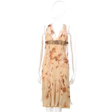 ALBERTA FERRETTI 米咖色V領絲質洋裝