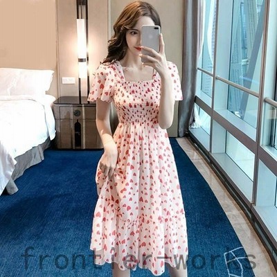 Heart ワンピース 大人可愛い 夏ワンピース スクエアネック ハート柄 袖あり 半袖 通販 Lineポイント最大get Lineショッピング