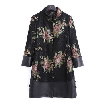 真皮皮衣女中長款秋冬新款印花綿羊皮風衣中年媽媽裝大碼外套