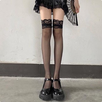 女士絲襪 蕾絲邊過膝絲襪 情調黑色漁網襪 長筒蕾絲 萬聖節大腿黑絲 高筒襪 類似大腿襪 女生絲襪【不二雜貨】