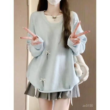 『ATC』 #假兩件#個性瑟儷奶藍色軟糯毛衣女秋季蝴蝶結設計感假兩件慵懶上衣秋冬針織衫