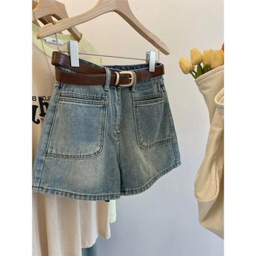 復古牛仔短褲女秋季2025新款大碼高腰寬松顯瘦胖MM闊腿A字熱褲子