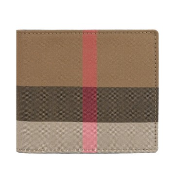BURBERRY 8084562 經典格紋帆布皮飾對開8卡短夾.卡其