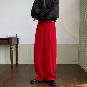 本命年紅色廓形寬松西褲男輕奢風小眾金屬裝飾高腰垂感百搭西裝褲