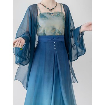 余白新中式宋制國風漢元素青綠漸變披肩外衫改良漢服套裝春夏